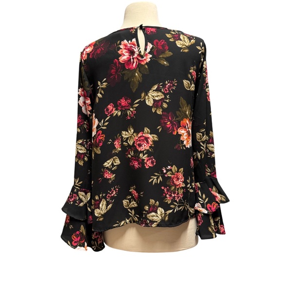 Panhandle Black Bell Ruffle Sleeve Top Roses Med Dark Romance Boho Soft Goth - Picture 5 of 8